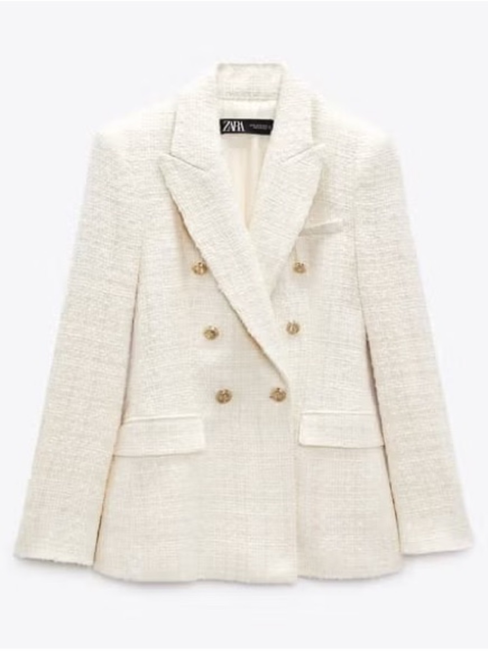 NEW ZARA Textured Blazer in Ecru Cream Double-Breasted Tweed Gold Hardware $99 S